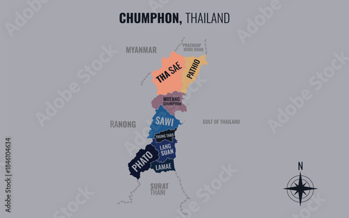 A map showing Chumphon Thailand divided into districts in a minimalist colorful style