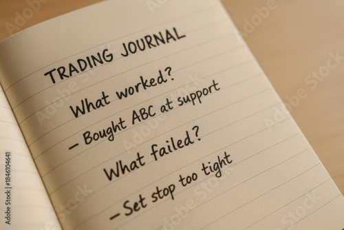 Trading journal notes on strategy success and failure for stock market analysis