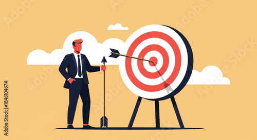 Businessman aiming dart at large target board in office setting, strategic goal achievement concept with focused viewpoint