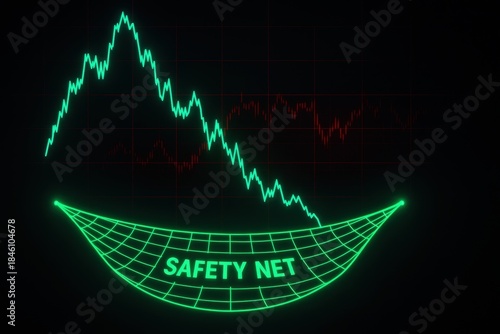 Financial safety net concept with falling stock market graph and protective grid