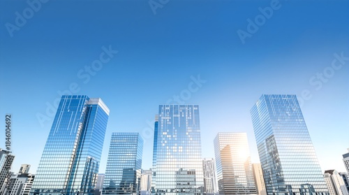 Photoreal aerial skyline in clear daylight, glass towers
