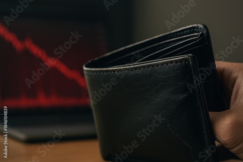 Hand holding empty wallet with declining stock market graph in background