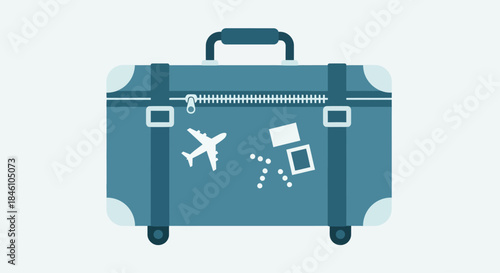 Stylized illustration of a blue travel suitcase with travel icons and accessories on a light