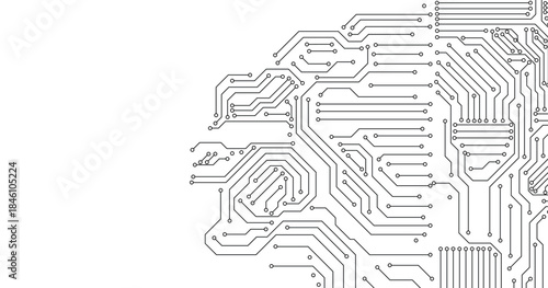 Circuit Board Technology Copy Space Vector Background. Grayscale Abstract Scifi PCB Trace Data Transfer Design Illustration.