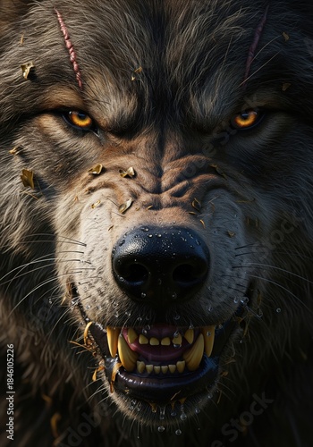 Ferocious Werewolf Close-Up With Glowing Eyes and Fangs