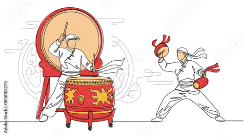 Traditional Chinese Drummers Performing with Dynamic Movements and Vibrant Costumes in an Artistic