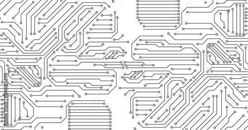 Cyberpunk black circuit diagram on white background. High-tech circuit board connection system.