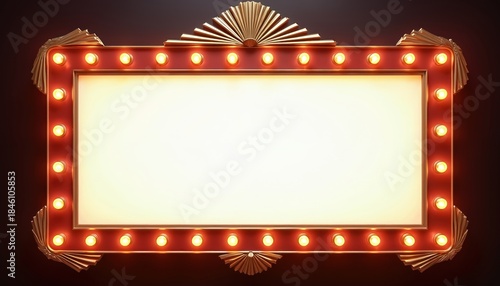 Retro theater marquee sign with blank illuminated panel, golden fan details. Vintage marquee borders light bulbs frame empty space for announcement. Classic movie poster billboard template for show.