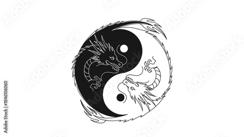 Yin and Yang Symbol Featuring Black and White Dragon Illustrations Representing Balance and Harmony