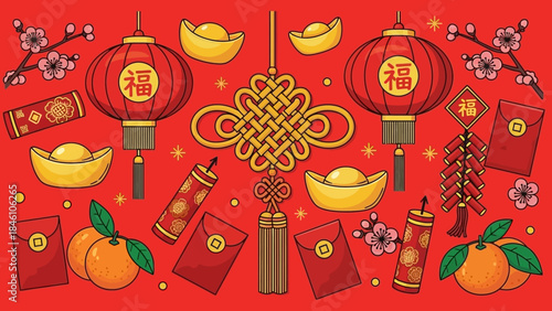 Vibrant Chinese New Year Celebration Decorations with lanterns and traditional symbols