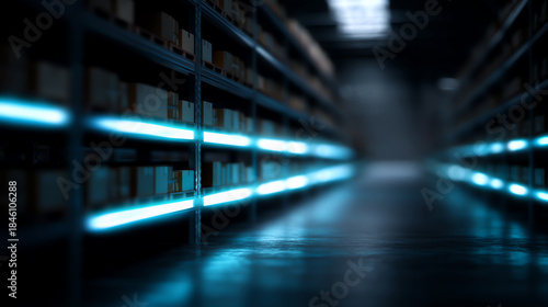 A futuristic warehouse aisle illuminated by blue neon lights with shelves stocked with boxes, creating a symmetrical and high-tech storage environment