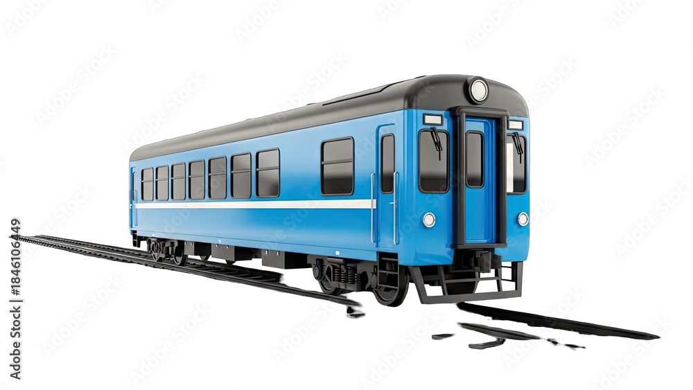 Naklejka premium Blue Train on Tracks Isolated on White Background