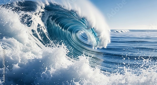 Fototapeta Naklejka Na Ścianę i Meble -  A massive deep blue wave curls and breaks with explosive white foam and spray against the horizon
