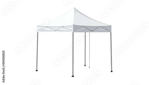 Illustration of a white pop-up canopy with a peaked roof, supported by a metal frame, against a black background