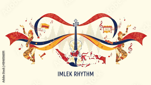 vibrant cultural illustration celebrating Imlek Rhythm with musical dancers and ribbons