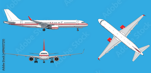Detailed vector illustration showcasing a sleek commercial passenger jet aircraft from multiple perspectives, symbolizing global travel, aerial transportation, and modern aviation technology