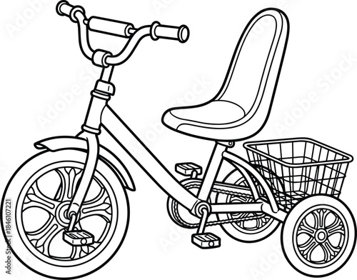 Kids tricycle line art illustration, child bicycle with basket, three wheel ride toy, detailed monochrome outline, isolated white background, design