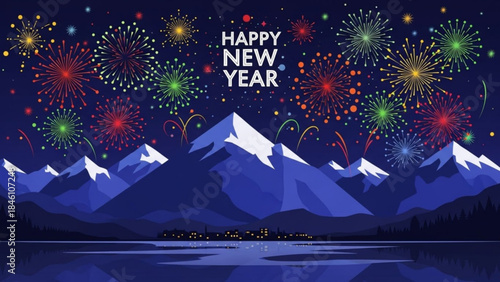 Happy new year celebration with fireworks over snowy mountains and lake at night