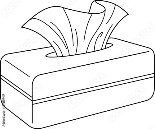 Tissue box illustration, hygiene product line art, disposable paper napkins concept, clean household supply icon, isolated white background, vector design