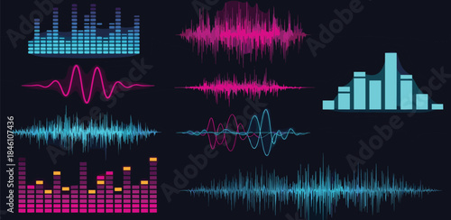 Vibrant digital sound wave forms and audio equalizer spectrums illustrating musical rhythm and frequency analysis for modern technology backgrounds and creative design projects