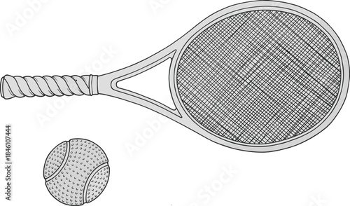 Tennis racket and ball line art illustration, sports equipment concept, detailed monochrome outline drawing, isolated on white background, minimal style