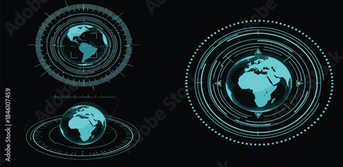Abstract digital Earth display showcasing global technology, futuristic navigation, network communication, and data visualization in a dynamic interface design