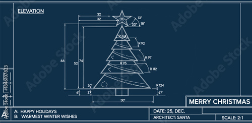Christmas Tree Blueprint with Merry Christmas Greeting and Architect Details