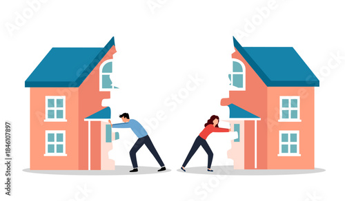 Divorce and marriage problems vector concept. Man and a woman are pushing apart their half of the house.