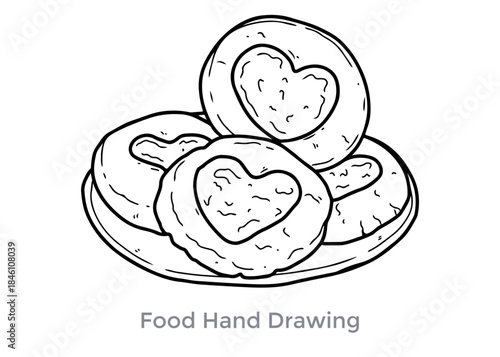 Heart-Shaped Pastries: A charming monochrome depiction of delectable pastries, each adorned with a heartfelt design, arranged on a classic plate. This illustration is a perfect touch of sweetness.