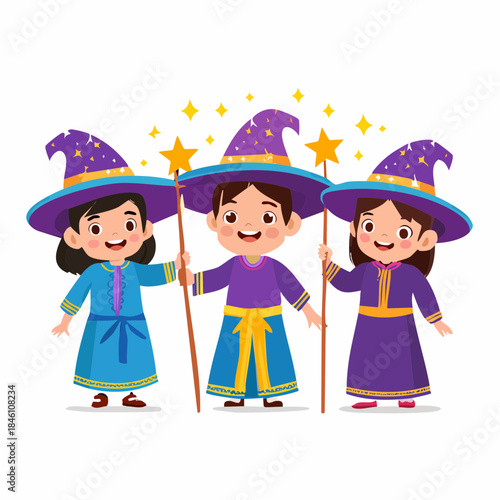 Three cheerful young children dressed as wizards with pointy hats and magic wands, surrounded by sparkling stars.