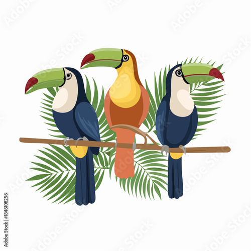 Three colorful toucans perched on a branch with lush green tropical leaves in the background.