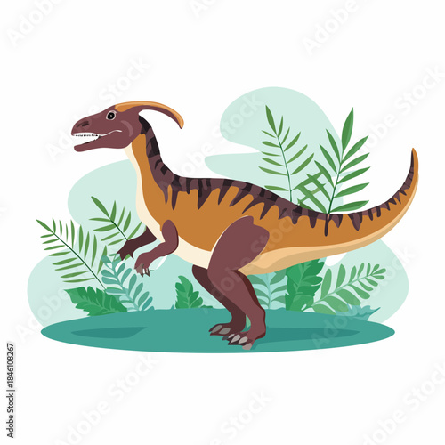 A cartoon illustration of a Parasaurolophus dinosaur standing in a prehistoric jungle with lush green foliage.