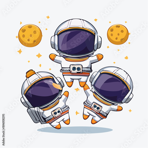Three adorable cartoon astronauts floating playfully in outer space surrounded by moons and sparkling stars.