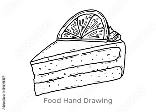 Citrus Cake Slice Illustration: A detailed hand-drawn illustration showcases a delectable slice of cake adorned with a fresh citrus garnish, capturing the essence of culinary artistry.