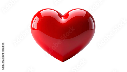 A vibrant, glossy, three-dimensional red heart floats against a stark black background. It appears smooth and lustrous, conveying love