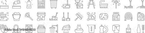 Cleaning and laundry service and equipment outline icon set