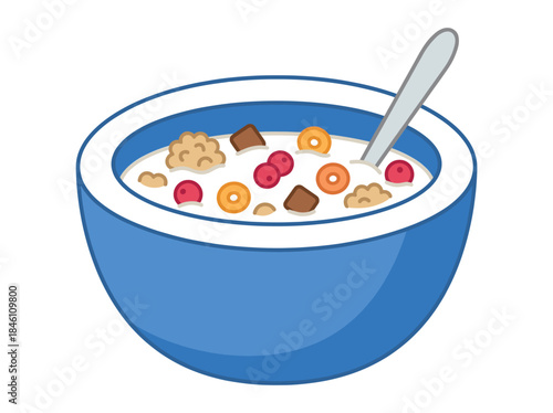 Bowl of Cereal with Milk and Spoon.