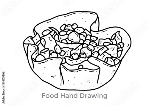 Hand-drawn Gourmet Bowl: A detailed illustration of a gourmet bowl filled with culinary delights, inviting viewers to savor the simplicity and beauty of artisanal cuisine.