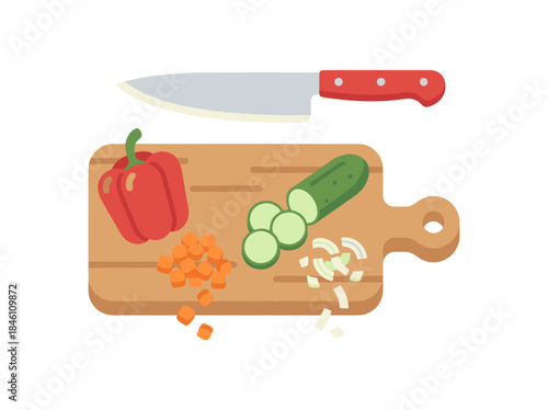Chopping Board with Vegetables and Knife.