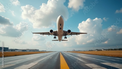 Passenger jet plane ascends on takeoff runway towards bright sky with fluffy white clouds. Aircraft leaves airport grounds, traveling to new destinations for holidays or business trips.