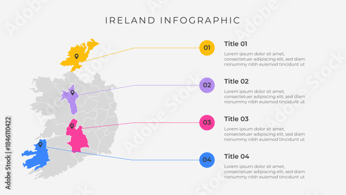 Ireland map infographic template with 4 options. Ireland political map infographic for presentation.