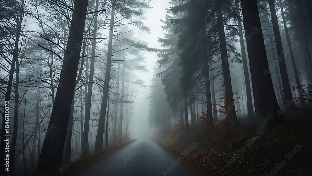 Naklejka premium Misty Forest Road Path Through Tall Trees in Foggy Weather.