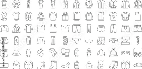 Female clothes, bag, shoes and accessories thin outline icon set
