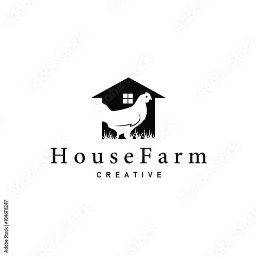 Chicken logo design for chicken farm with simple and minimalist black silhouette of livestock farmer, vector illustration template concept and poster