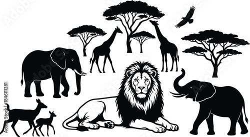 African wildlife silhouette illustration featuring lion, elephant, giraffe, antelope, savanna trees, birds, nature landscape, safari animals collection artwork