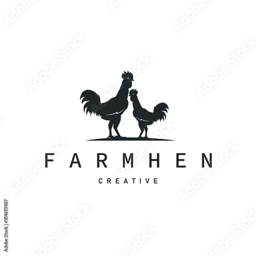 Chicken logo design for chicken farm with simple and minimalist black silhouette of livestock farmer, vector illustration template concept and poster