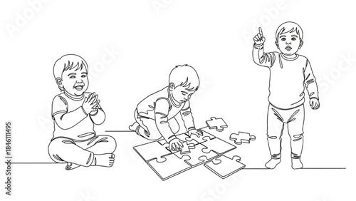 High-Quality Black Continuous Line Art of Toddlers Clapping, Building Puzzles, and Pointing, Early Childhood Play Illustrations