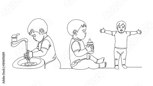 High-Quality Black Continuous Line Art of Toddlers Washing Hands, Holding Cup, and Standing for Hug