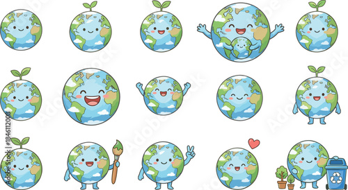 Cute earth cartoon illustration set, happy planet characters showing eco actions, sustainability recycling nature care, kids friendly environmental vector design
