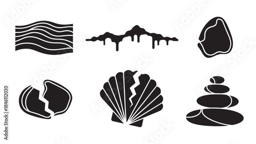  Coastal Landscape Elements Including Beach Pebbles Stacked Stones Broken Shells and Distant Mountain Horizons for Zen Meditation Visuals and Shoreline Environment Composition Graphics